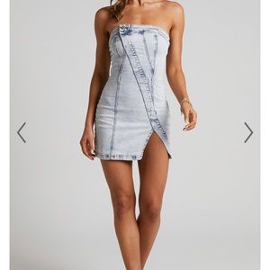 Showpo ERLINE MINI DRESS - ASYMMETRIC STRAPLESS DENIM DRESS IN MID BLUE WASH